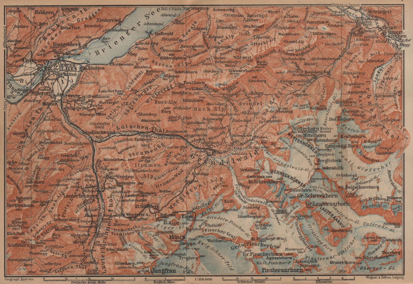 GRINDELWALD environs. Wengen Mürren Jungfrau Wetterhorn Interlaken 1909 map